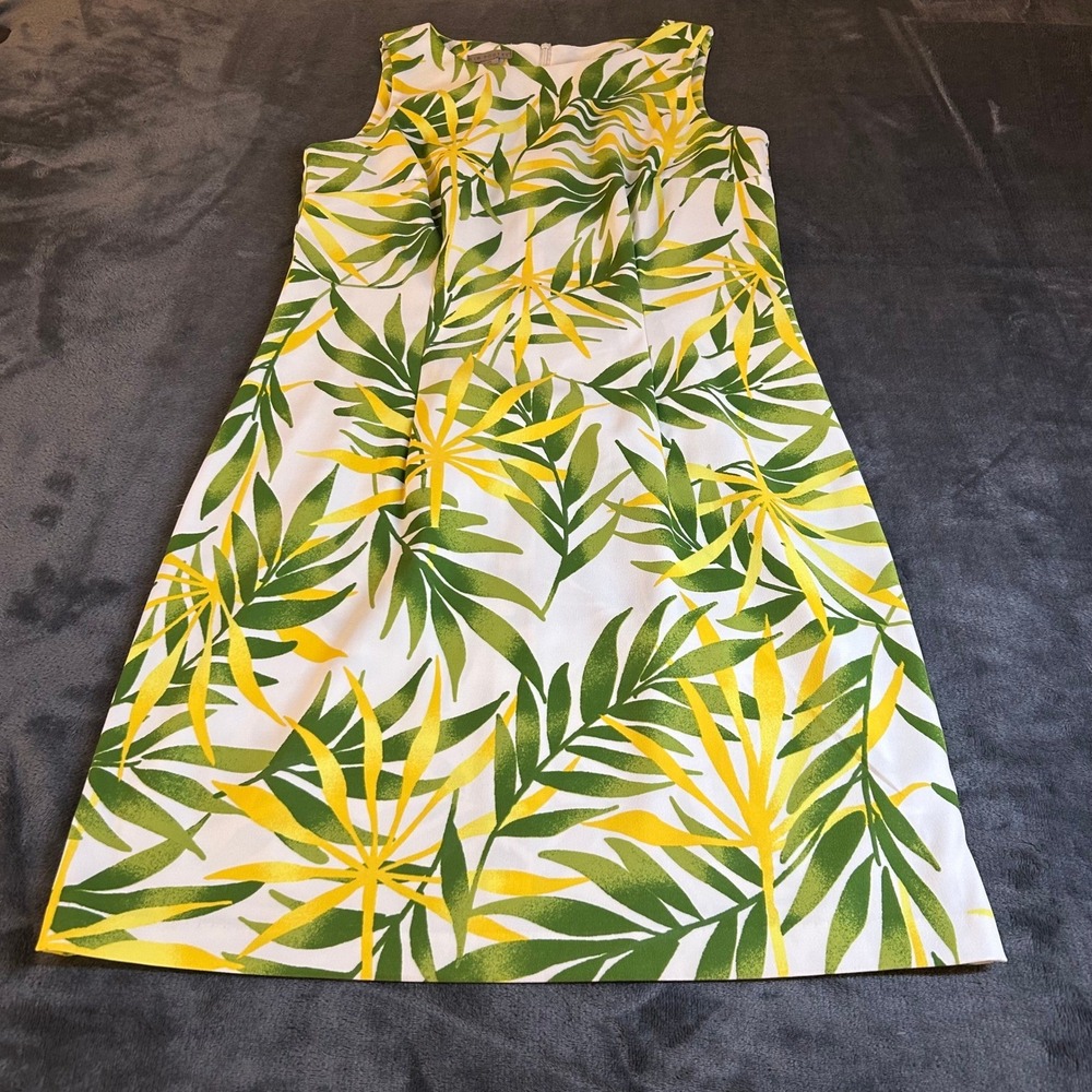 Kim Rogers Tropical Leaf Shift Dress Womens Size 10‎ White Green Yellow Stretch